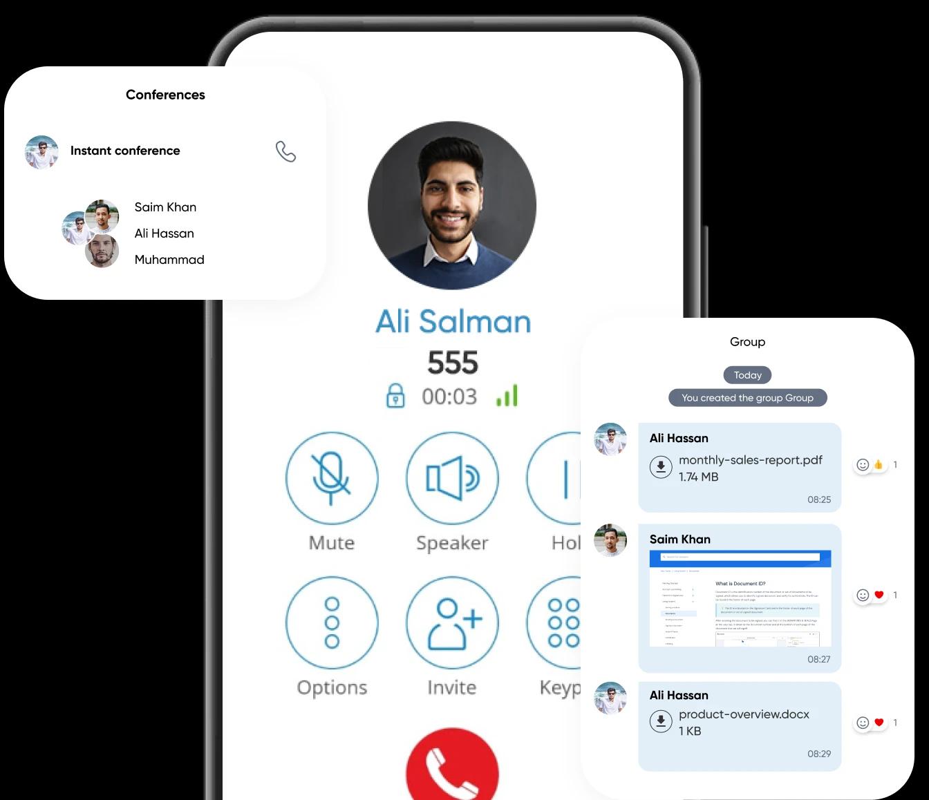 CloudPBX mobile app interface showing calling feature, conference calling and group chat.