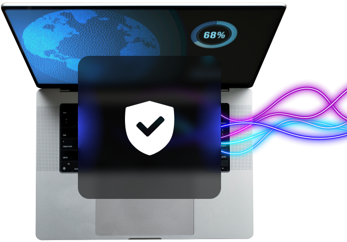 A laptop displaying a loading screen at 68%, with a digital shield icon indicating firewall protection.