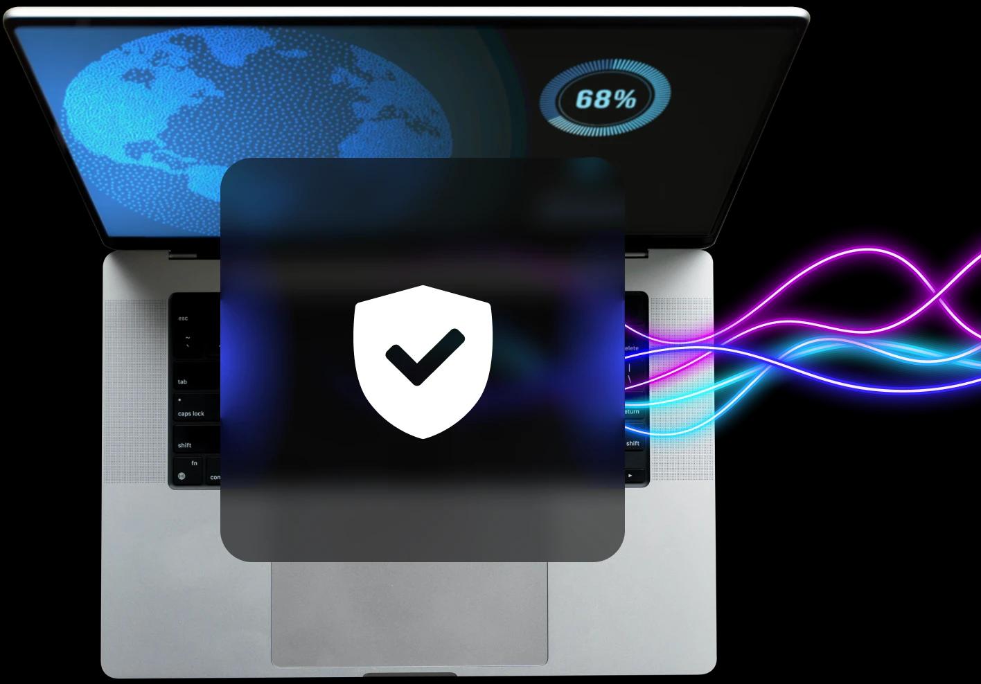 A laptop displaying a loading screen at 68%, with a digital shield icon indicating firewall protection.