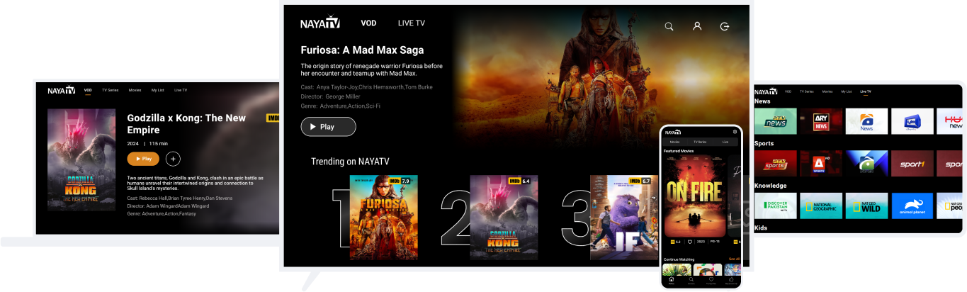 NayaTV home screen for TV, mobile, tablet, and laptop