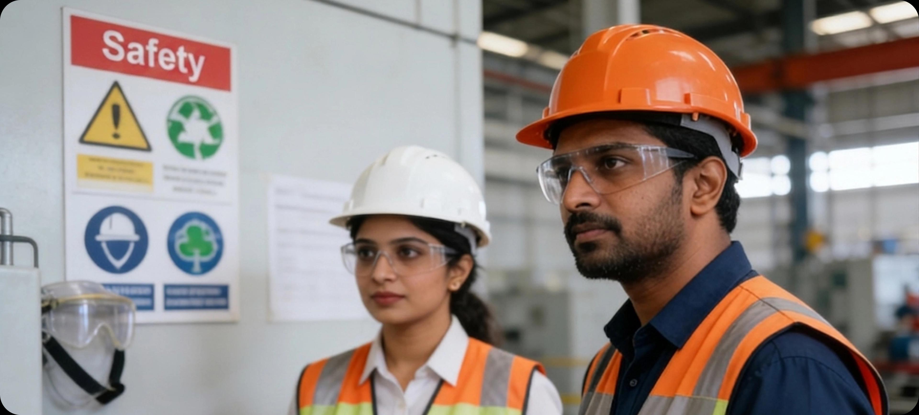 Employees wearing safety gear in an industrial setting