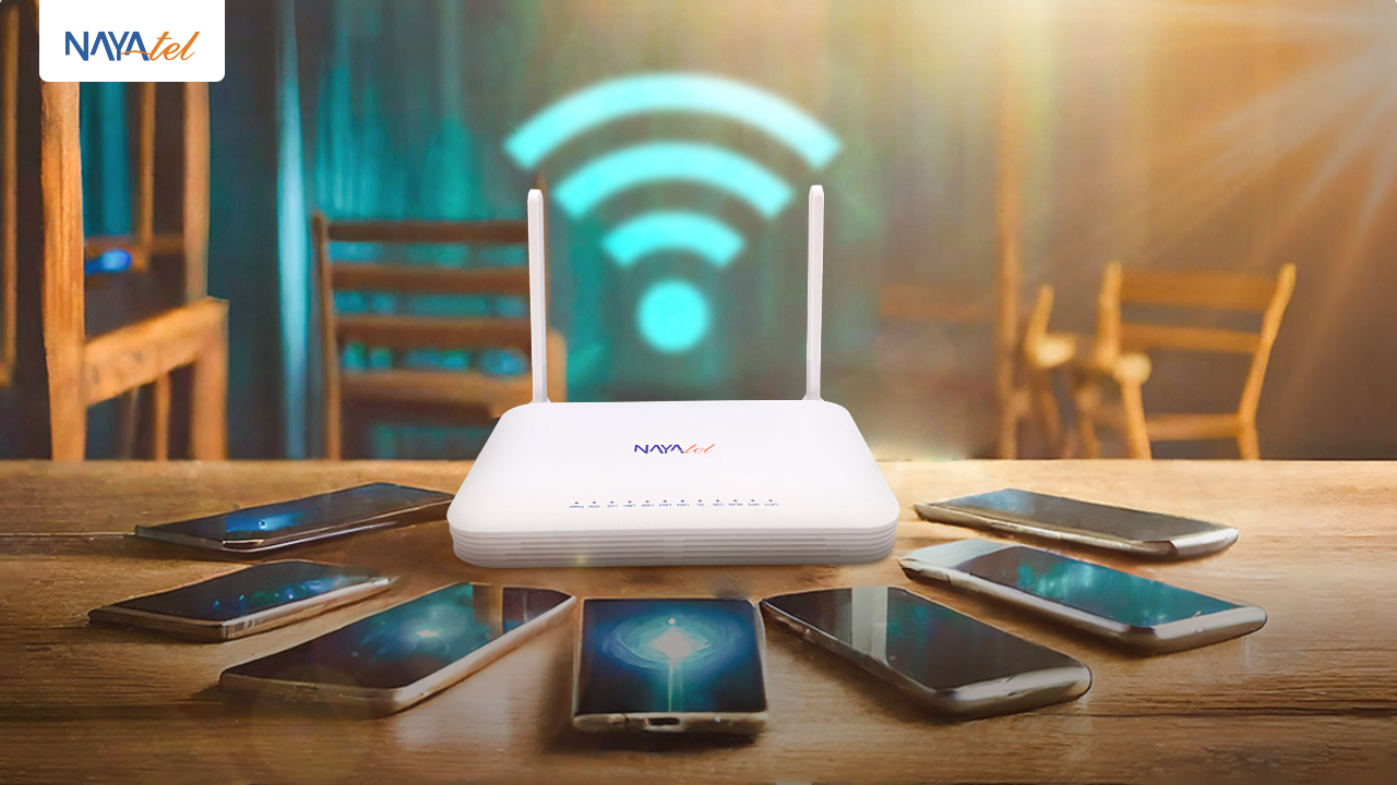 Nayatel wifi router connected with smartphones, enabling fast internet access via fiber internet