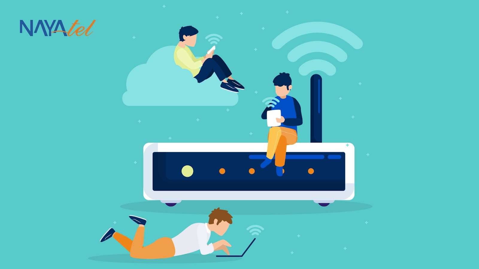 An illustration of users enjoying high-speed Wi-Fi connectivity, with a prominent router symbolizing robust internet speed.